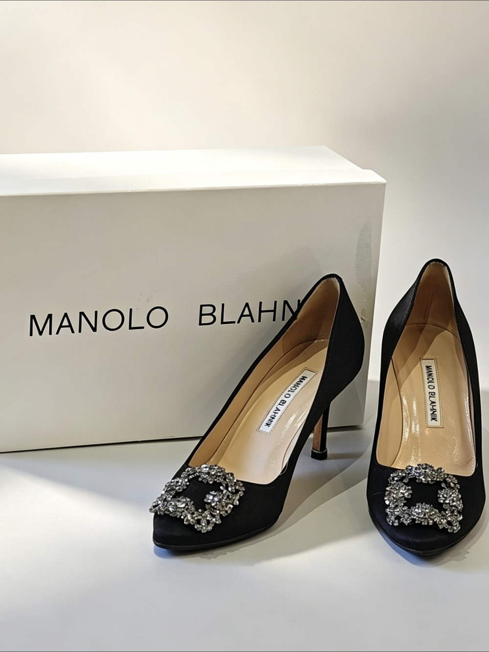 Manolo Blahnik Black Satin Hangisi Crystal-Embellished Pumps - Picture 2 of 12